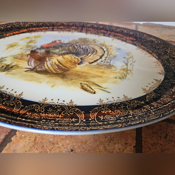 Vintage Christmas Turkey Platter Thanksgiving w/Cobalt/Gold Rim 13.5" - Picture 3 of 4